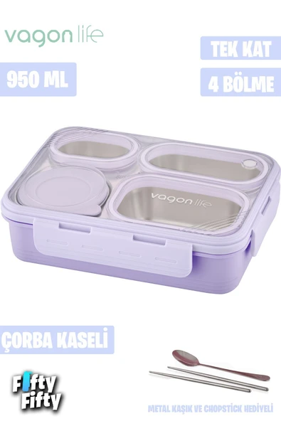 Lunch Box 950 ML Paslanmaz Çelik Tek Kat Dört Bölmeli Çorba Kaseli Metal Kaşıklı-FFLBOX709 ürün görseli 1