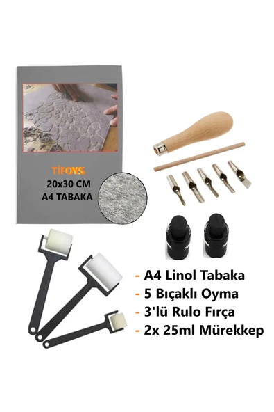TİFOYS Linol Tabaka Linol Muşamba Levha 2.5 Mm 20x30 Cm 3'lü Sünger Rulo Merdane 5'li Oyma Seti Baskı ürün görseli 1