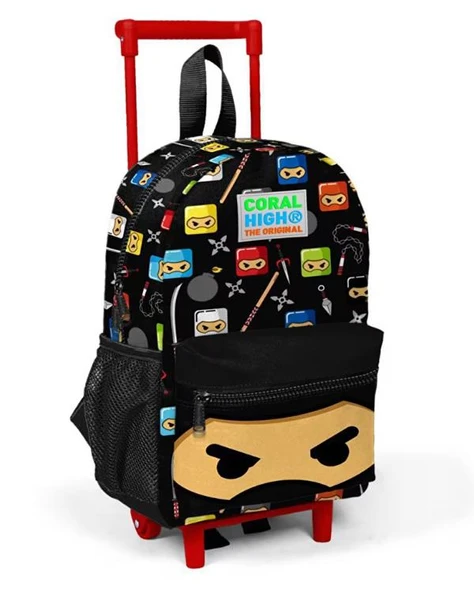 Coral High Siyah Ninja Desenli Çekçekli Anaokul Çantası 24013 ürün görseli 1
