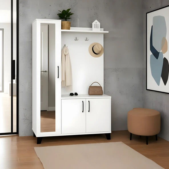 Loft Aynalı Portmanto ve Askılıklı Vestiyer Takımı - Beyaz ürün görseli 1