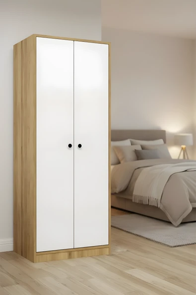 Moderno 2 Kapaklı 5 Raflı Askılıklı Gardırop - Safir Meşe Modüler Elbise Dolabı ürün görseli 1