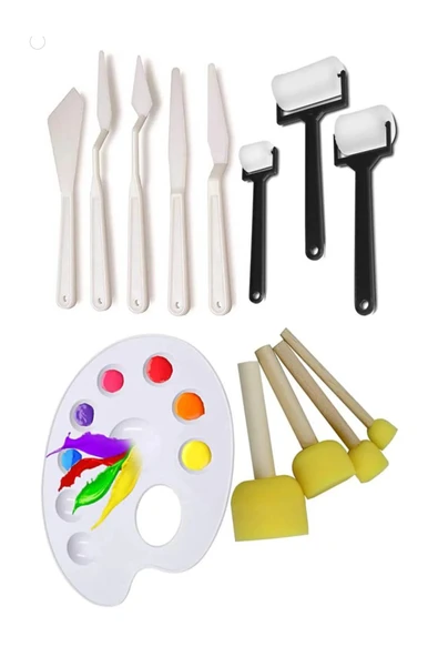 TİFOYS Palet Rulo Fırça Ponpon Fırça ve Plastik Spatula 4'lü Set 1 Paket Resim Hobi Sanat Etkinlik Boyama ürün görseli 1