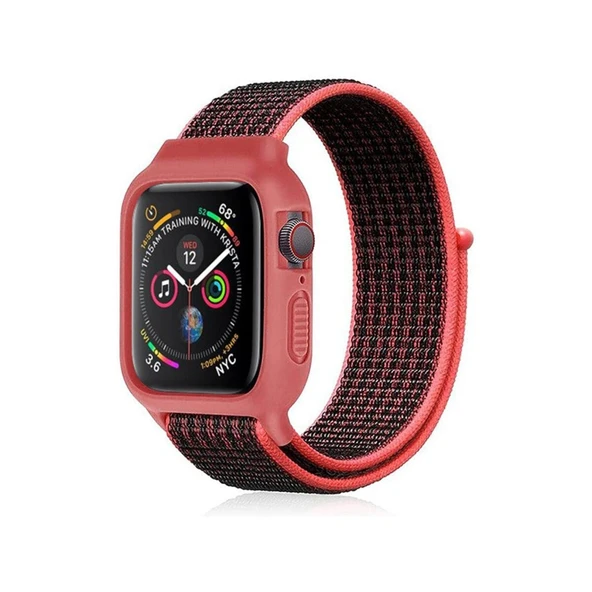 Watch 38mm Hasırlı Cırtcırtlı Kasalı Kordon (saat Değildir) - Siyah-pembe ürün görseli 1