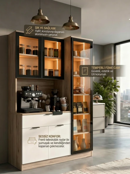Dream Premium Kahve İstasyonu - Kahve Köşesi ve Mutfak Ünitesi - Safir Meşe Füme Temperli Camlı LEDLİ Modül ürün görseli 1