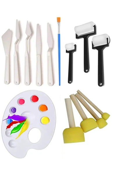 TİFOYS Palet Rulo Fırça Ponpon Resim Fırçası ve Plastik Spatula 1 Paket Resim Hobi Sanat Etkinlik Resim Set ürün görseli 1