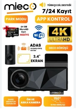 Mieco A11 Wifi/ 4K UHD/ 150° Ultra Geniş Açı/ GPS/ ADAS/ Ön+Arka Araç Kamerası ürün görseli 1