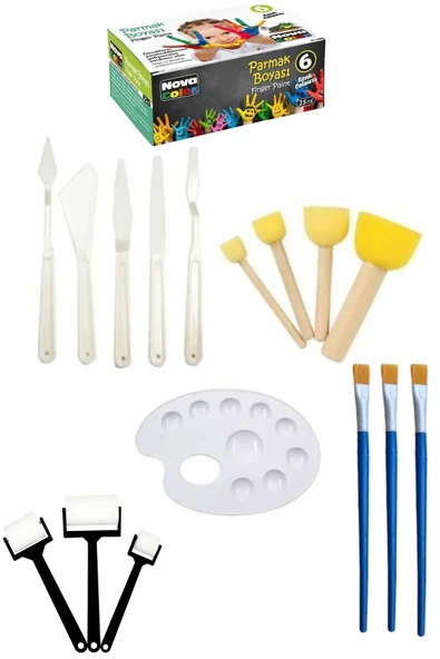 TİFOYS 6' Lı Set Parmak Boya, Ponpon, Palet, Resim Fırça, Rulo Sünger, Plastik Spatula ,Boyama Etkinlik Set ürün görseli 1