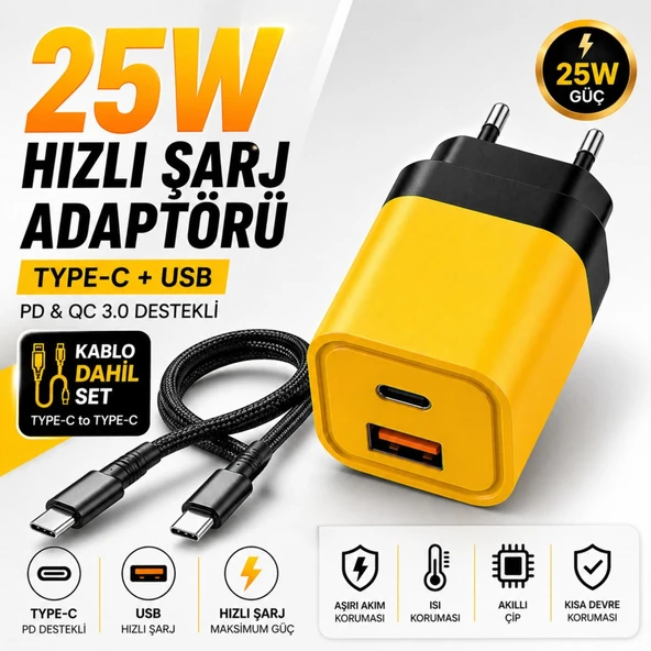25W Hızlı Şarj Adaptörü + Type-C to Type-C Kablo Seti  PD & QC 3.0 Destekli USB + Type-C Çift Giriş  Akıllı Koruma  Hızlı Şarj Aleti ürün görseli 1