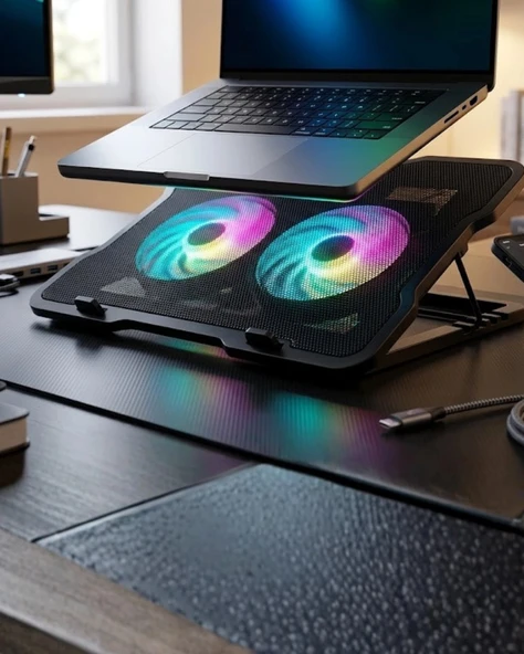 Ayarlanabilir Laptop Soğutucu Çift Fan RGB Işıklı Sessiz Çalışan ürün görseli 1