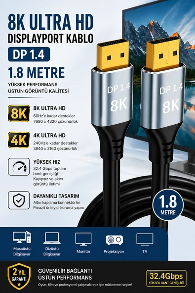 8K DisplayPort Kablo DP 1.4 1.8 Metre Ultra HD Altın Uçlu Gaming Monitör Kablosu ürün görseli 1