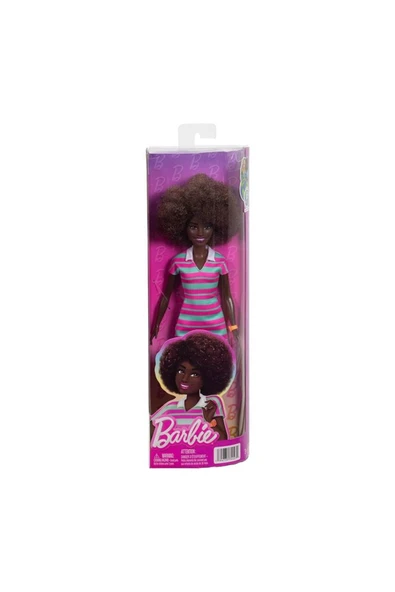 Barbie Fashionistas Doll Curly Black Hair, Pink & Green Striped Dress ürün görseli 1