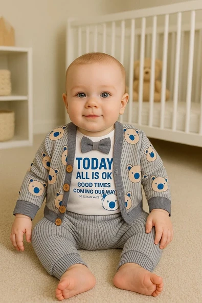 Papyonlu Bear Çizgili Model Ceketli 3'lü Erkek Bebek Takımı ürün görseli 1