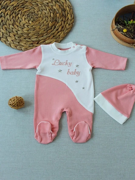 0-3 3-6 Ay Lucky Turk Nakışlı Es Çizgi Boy Şapkalı Kız Bebek Tulumu Pudra ürün görseli 1