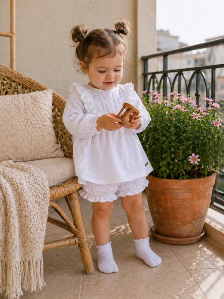 Kız Bebek Çocuk Yazlık Elbise Müslin Önlüklü Şortlu Takım 22410 ürün görseli 1