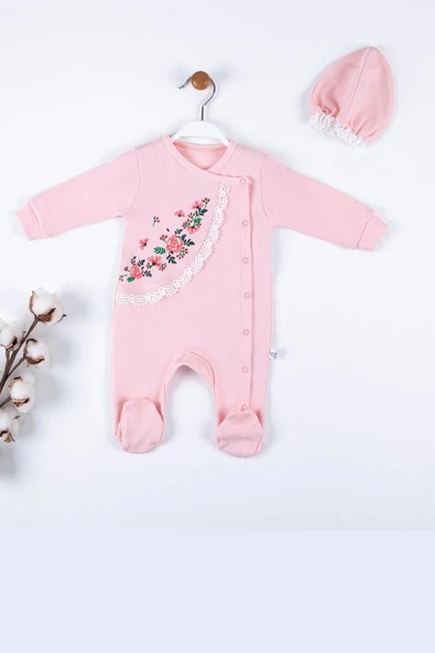 Çiçek Nakışlı Şapkalı % 100 Pamuk Kız Bebek Tulumu ürün görseli 1