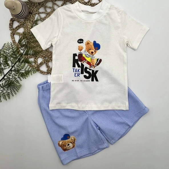 1-2-3 Yaş Kaykaycı Ayı Baskılı Şortlu Kısa Kollu Tişört 2li Erkek Bebek Takımı Ekru ürün görseli 1