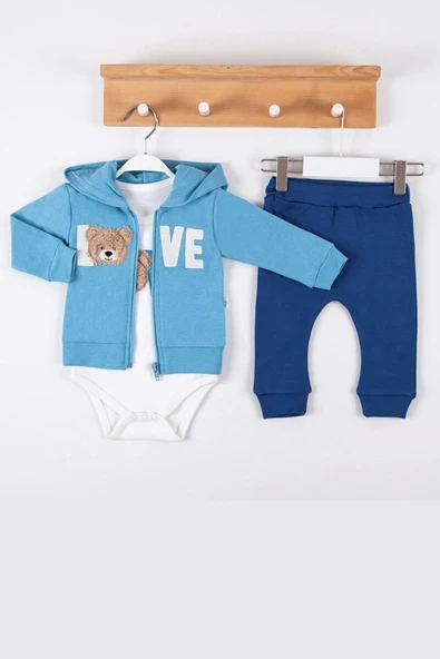 Love Bear Nakışlı % 100 Pamuk Hırkalı 3'lü Erkek Takım ürün görseli 1