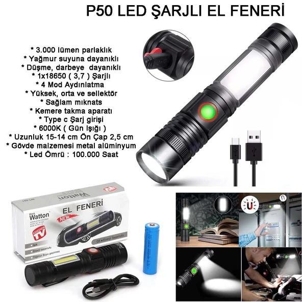Geniş Açılı P50 Led Şarjlı El Feneri Wt-601 ürün görseli 1