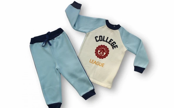 9-12 12-18 18-24 24-36 Ay College Baskılı 3 İplik Kumaş Uzun Kollu Sweatli 2li Erkek Bebek Takımı Mi ürün görseli 1