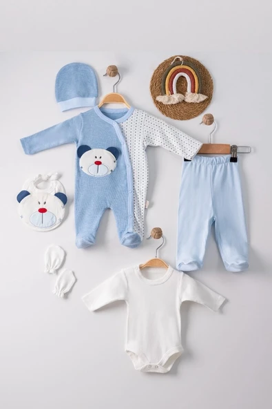 Ayıcık Nakışlı Tulumlu % 100 Pamuk Erkek Bebek 5'li Set ürün görseli 1