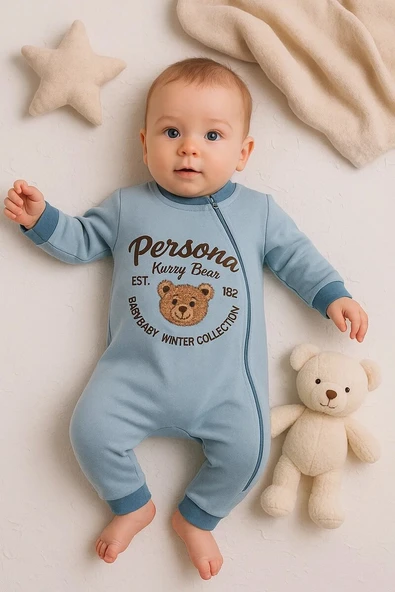 Persona Bear Nakışlı % 100 Pamuk Erkek Bebek Tulum ürün görseli 1