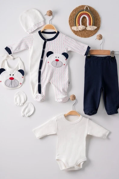 Puanlı Ayıcık Nakışlı Tulumlu % 100 Pamuk Erkek Bebek 5'li Set ürün görseli 1