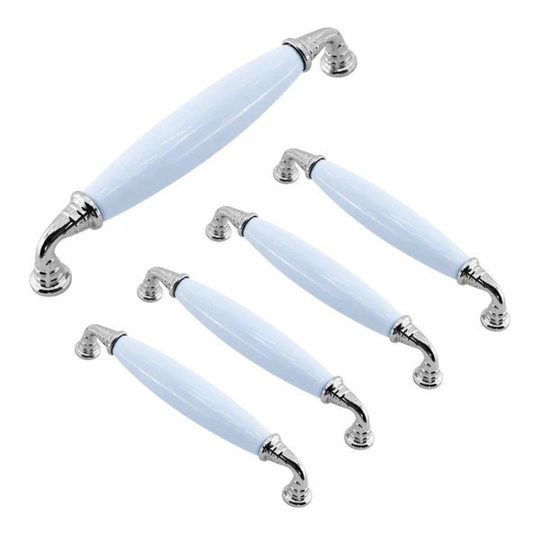 Helen Mavi Porselen Krom Kulp 128 mm 12.8 cm Mobilya Çekmece Dolabı Dolap Kapak Kulplar Kulb Kulpu ürün görseli 1