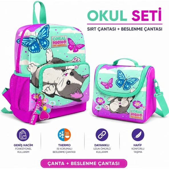 Kids Kedi Desenli Iki Bölmeli Okul Sırt Çantası 23607+KEDI Desenli Thermo Beslenme Çantası 11707 ürün görseli 1