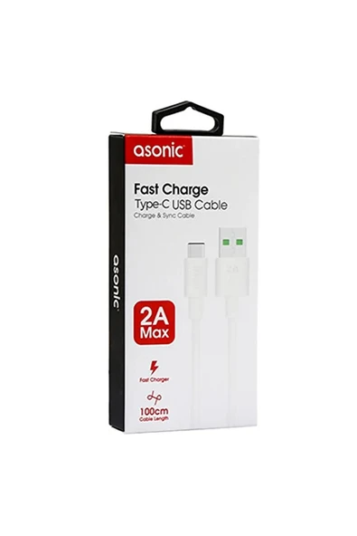 Asonic AS-X406 2A Type-C 1m Beyaz Data + 2.4A Hızlı Şarj Kablosu 1 Metre ürün görseli 1