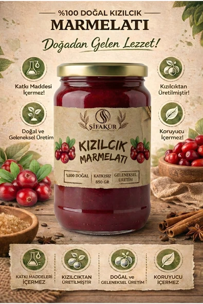 Şifakür Kızılcık Marmelatı Şeker İlavesiz Doğal Geleneksel Kahvaltılık 850g ürün görseli 1