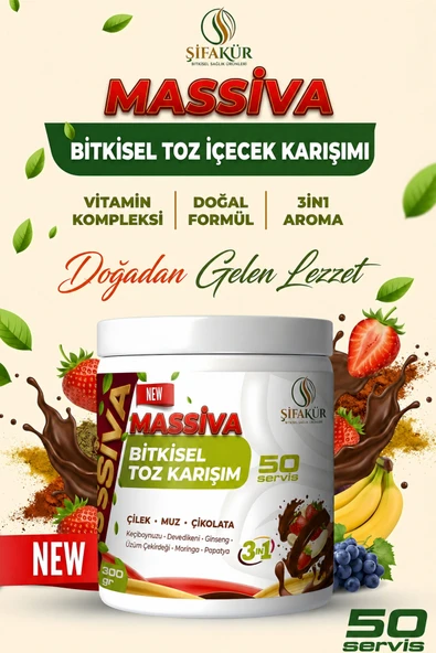 Şifakür Massiva Bitkisel Toz İçecek Karışımı Ginsengli Çilek Muz Çikolata Aromalı 50 Servis 300 gr ürün görseli 1
