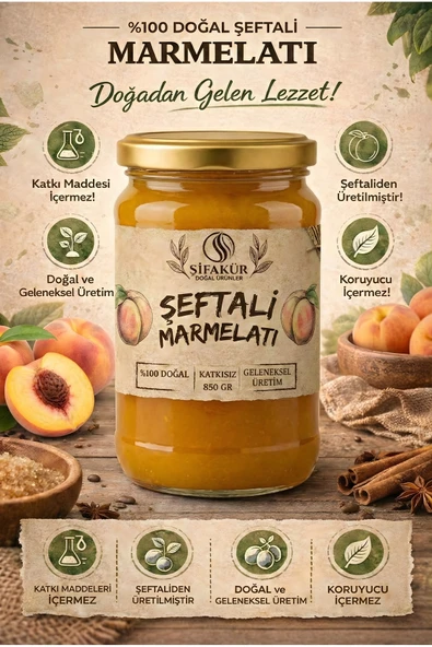 Şifakür Şeftali Marmelatı Katkısız Şeker İlavesiz Doğal Geleneksel Lezzet 850g ürün görseli 1
