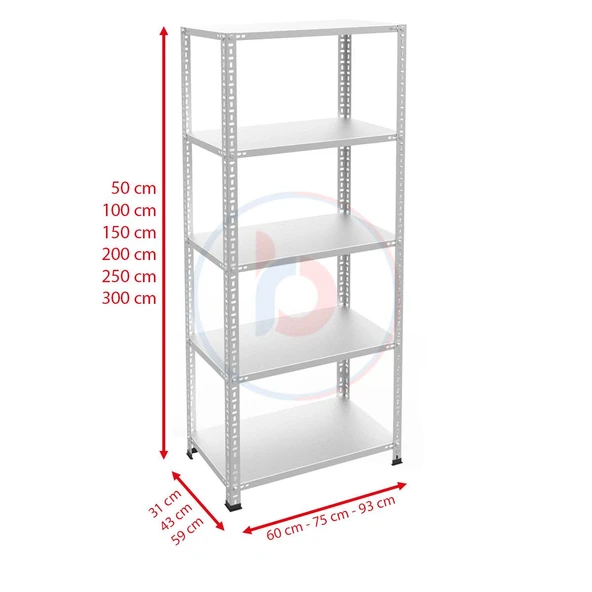 5 Katlı Galvaniz Çelik Raf - Depo, Arşiv, Kiler, Dosya, Market Rafı  59x60 cm 250 cm 1.50 mm ürün görseli 1