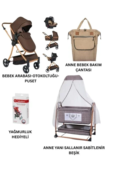 ÖYKÜ BEBEK DUNYASI Yeni Doğan Bebek Çeyiz Seti (bebek arabası+puset+beşik+anne bebek çantası+yağmurluk+yatak) ürün görseli 1