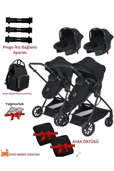 ÖYKÜ BEBEK DUNYASI Ayrılıp Birleşebilen Travel Sistem Ikiz Bebek Arabası( 2 Adet Yağmurluk Ve Ayak Örtüsü ) ürün görseli 1