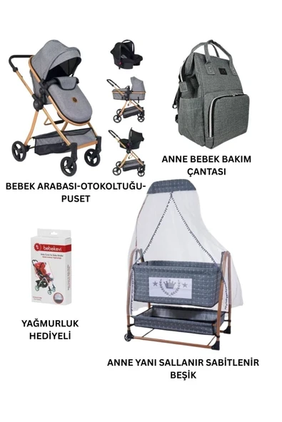 ÖYKÜ BEBEK DUNYASI Yeni Doğan Bebek Çeyiz Seti (bebek arabası+puset+beşik+anne bebek çantası+yağmurluk+yatak) ürün görseli 1