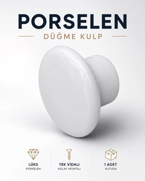Oval Porselen Yuvarlak Beyaz Renk Kulp Mobilya Gardrop Dolabı Kapak Kulpu Çekmece Kulbu (1 Adet) ürün görseli 1