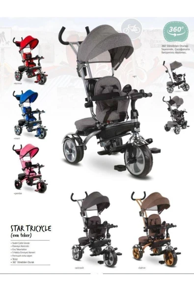 BabyHope Star Üç Teker Bisiklet Bh-9500 Gri Ebeveyn Kontrollü Şişme Eva Tekerlekli Tricycle ürün görseli 1