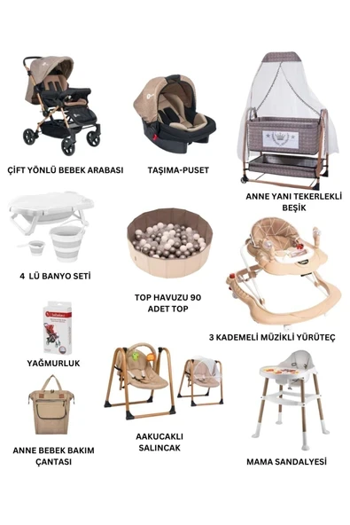 ÖYKÜ BEBEK DUNYASI Unisex King Yeni Doğan Bebek Çeyiz Seti Full Set Bebek Arabası Anne Yanı Beşik Anakucağı (13 Parça) ürün görseli 1