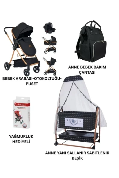 ÖYKÜ BEBEK DUNYASI Yeni Doğan Bebek Çeyiz Seti (bebek arabası+puset+beşik+anne bebek çantası+yağmurluk+yatak) ürün görseli 1