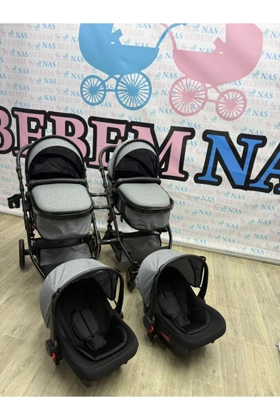bebemnas İkiz Yanyana Ayrılıp Birleşen Travel Bebek Arabası + 2 Adet Puset Dahil Tam Set ürün görseli 1
