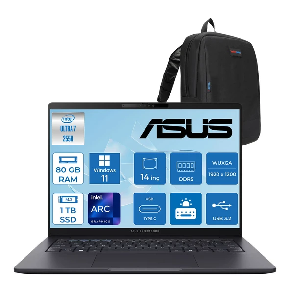 Asus Expertbook B3 (B3405CCA) Intel® Core™ Ultra 7 255H 80GB Ddr5 1tb SSD Intel® Arc™ Grafik 14"wuxga (1920 x 1200)400 Nit,srgb: %100 WIN11PRO Taşınabilir Bilgisayar U7255H321TB1DP28+ZETTAÇANTA ürün görseli 1