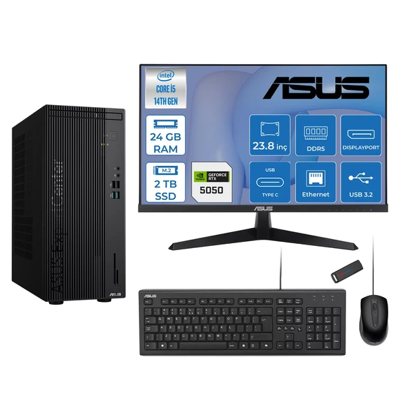 Asus Expertcenter D501MER  Intel® Core™ İ5-14500 24GB Ddr5 2tb SSD 8GB/RTX5050 Freedos Mini Tower+23.8" 120Hz Asus Monitör Masaüstü Bilgisayar 12WD501MER27F09+ZETTAUSBBELLEK ürün görseli 1