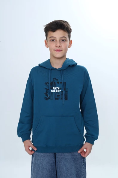 Toontoy Erkek Çocuk Relax Fit Kapüşonlu Cepli Düşük Omuz Baskılı Sweatshirt - 2 İplik ürün görseli 1