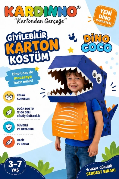 Kardinno Dino Coco Eğitici Oyuncak Karton Giyilebilir Çocuk Kostümü Etkinlik Parti Kostümü ürün görseli 1