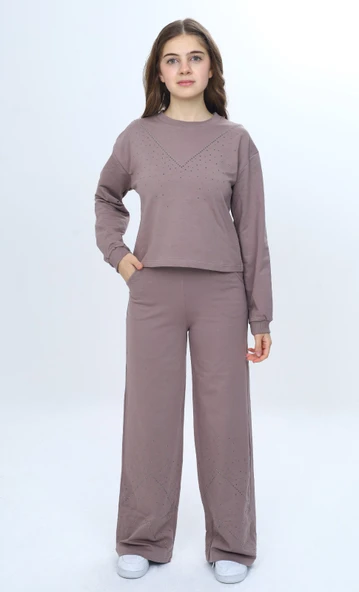 Toontoy Kız Çocuk 2'li Takım Taş İşlemeli Bisiklet Yaka Sweatshirt & Beli Lastikli Bol Paça Cepli Eşofman Altı ürün görseli 1