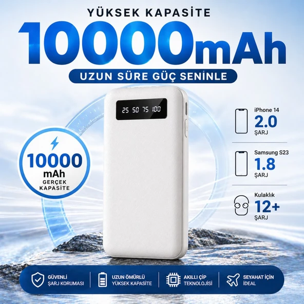 10000 mAh Powerbank 4’ü 1 Arada Kablolu Taşınabilir Şarj Cihazı Dijital Göstergeli Type-C Micro USB Lightning USB-A Uyumlu ürün görseli 1