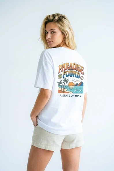 Unisex Beyaz Oversize "Paradise Found" Sırt Baskılı Retro Tişört ürün görseli 1