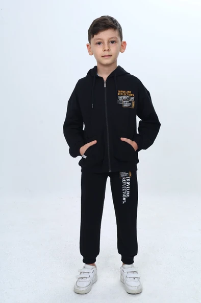 Toontoy Erkek Çocuk 2'li Takım Baskılı Kapüşonlu Fermuarlı Sweatshirt & Beli Paçası Lastikli Cepli Jogger Eşofman Altı - 2 İplik 24967 ürün görseli 1