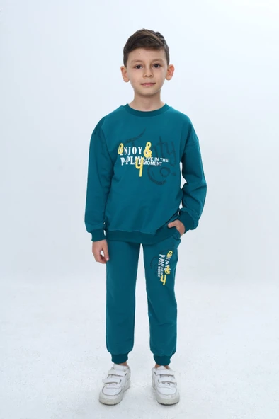 Toontoy Erkek Çocuk 2'li Takım Baskılı Bisiklet Yaka Kısa Kollu Sweatshirt & Beli Paçası Lastikli Cepli Jogger Eşofman Altı - 2 İplik 24966 ürün görseli 1